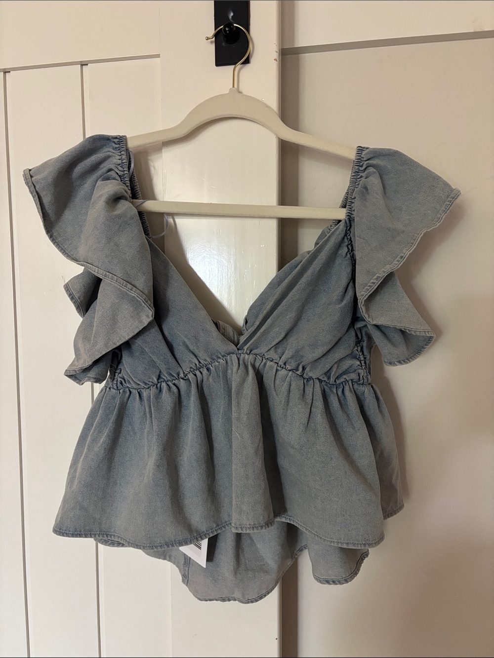 Women’s Light Blue Denim Ruffle Peplum Crop Top
